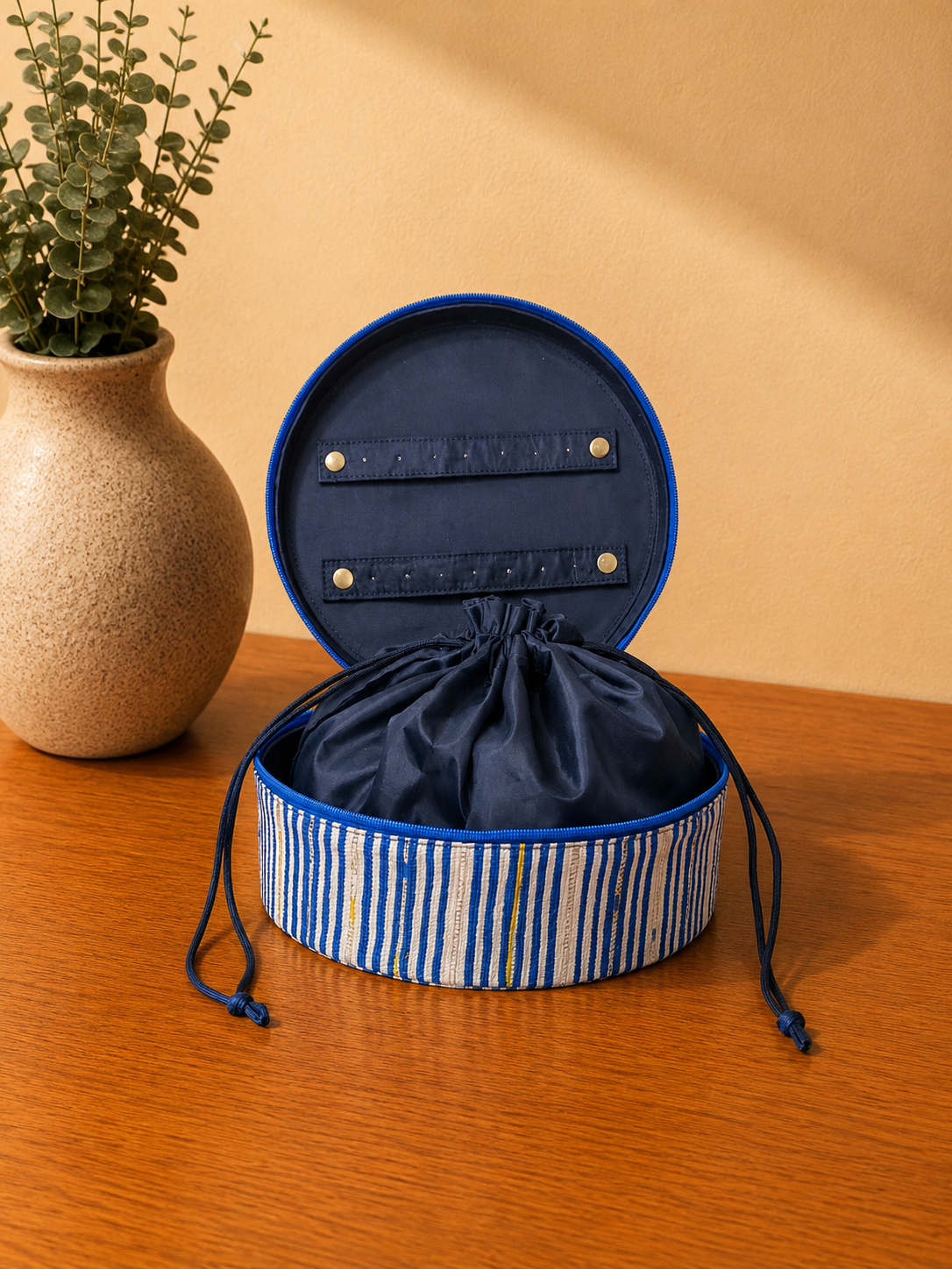 Rajiben- Blue & White Strip Upcycled Plastic Handwoven Circular Jewellery Box