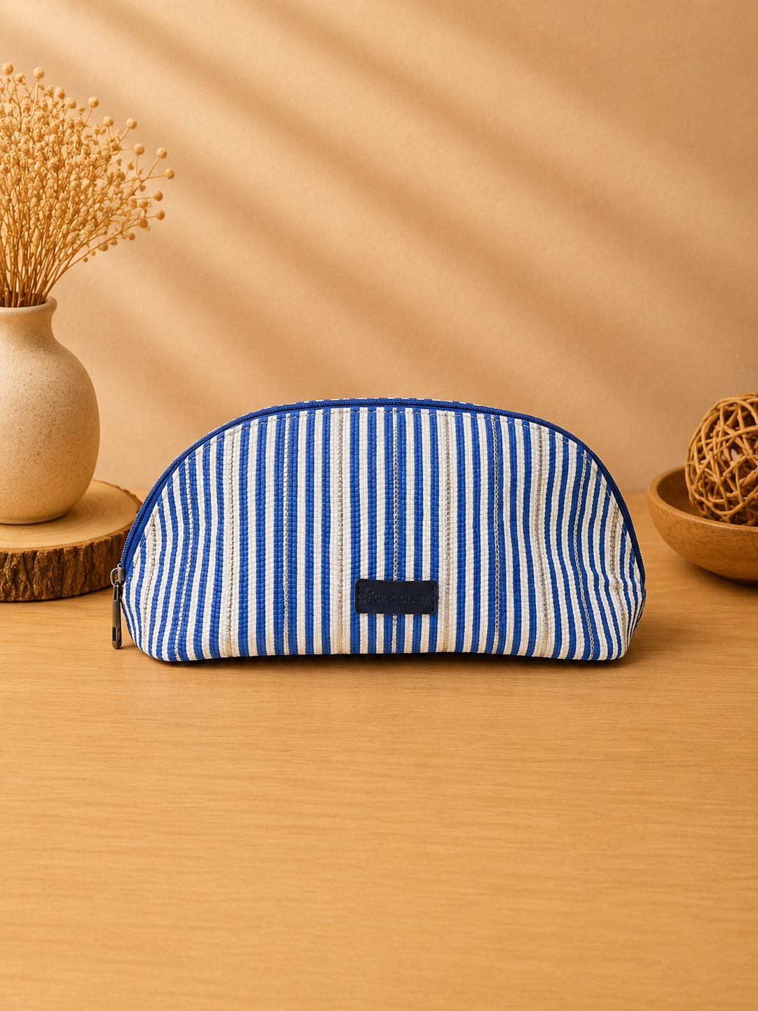 Rajiben- Blue & White Strip Upcycled Plastic Handwoven Everyday Use Pouch