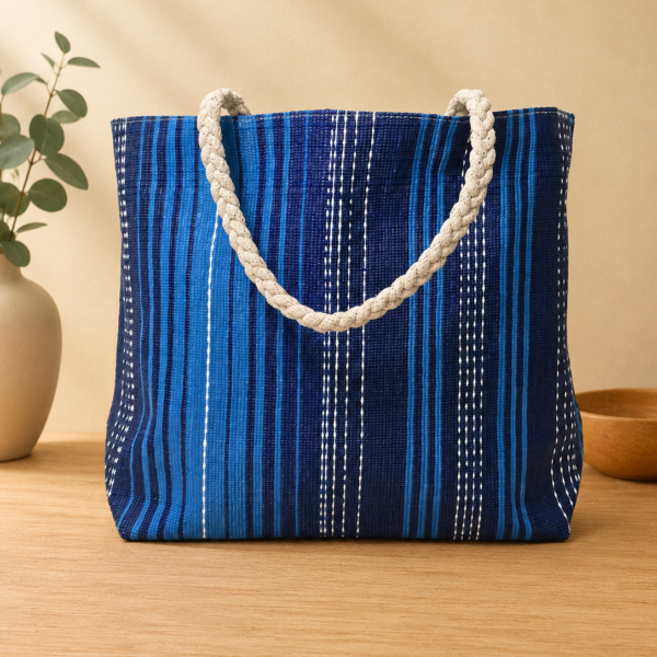 Rajiben- Blue Stripe Upcycled Plastic Handwoven Rectangular Shopping Bag